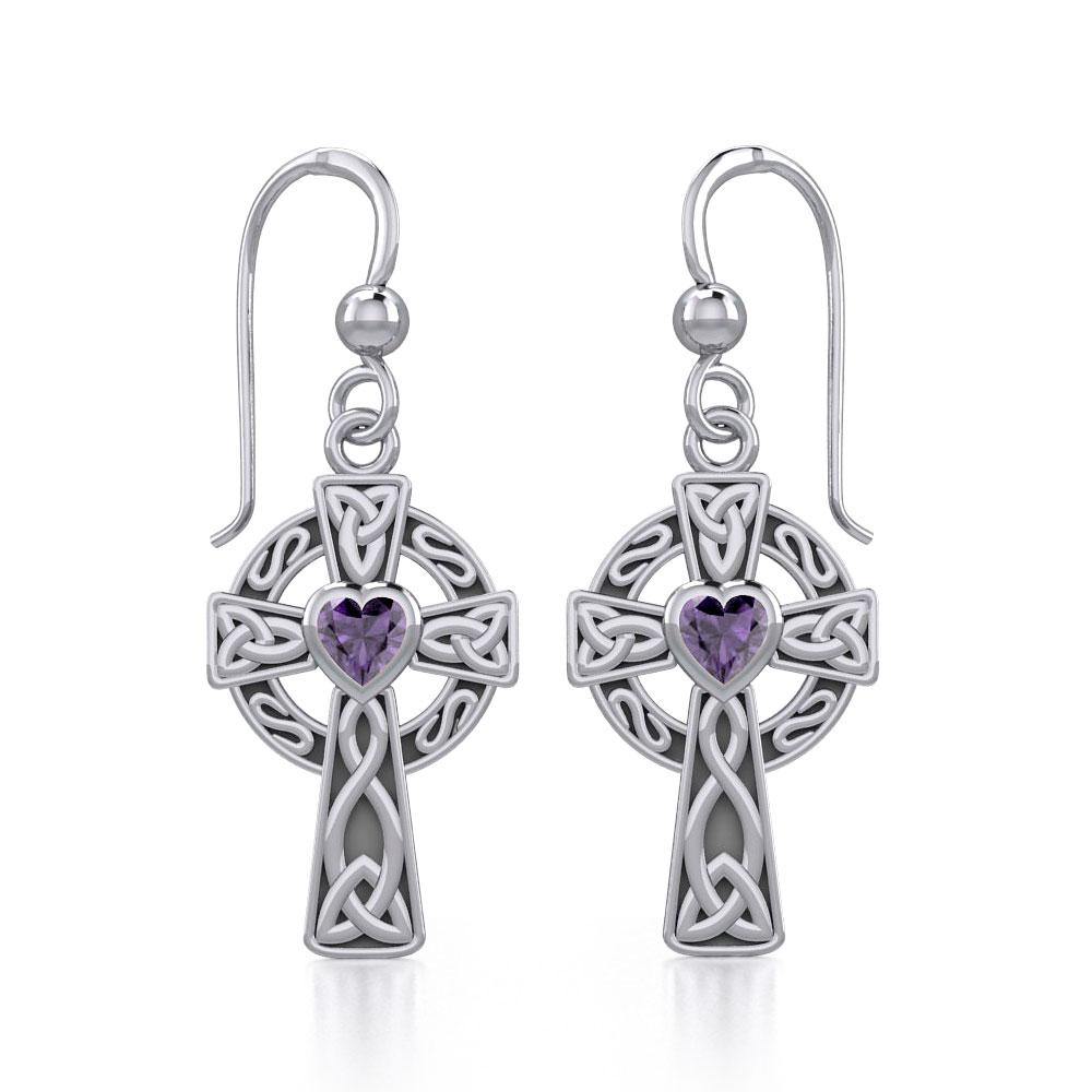 Celtic Cross Silver Earrings with Heart Gemstone TER1833 - Jewelry
