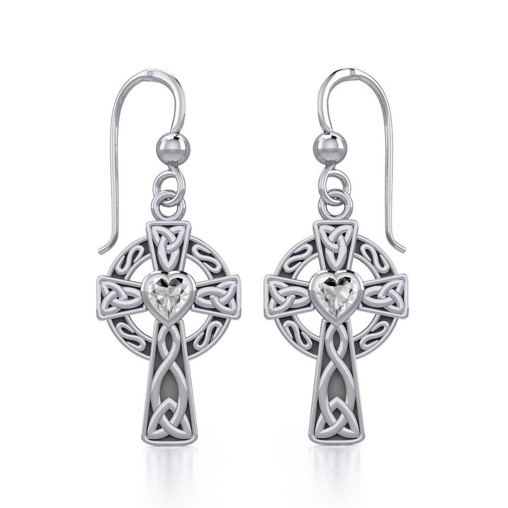 Celtic Cross Silver Earrings with Heart Gemstone TER1833 - Jewelry