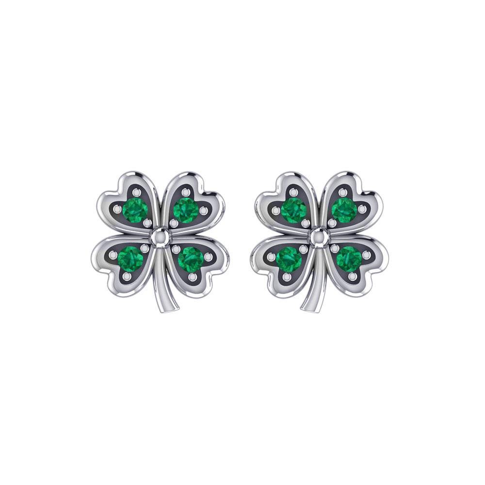 Lucky Four Leaf Clover Silver Post Earrings with Gemstone TER1844 - Jewelry