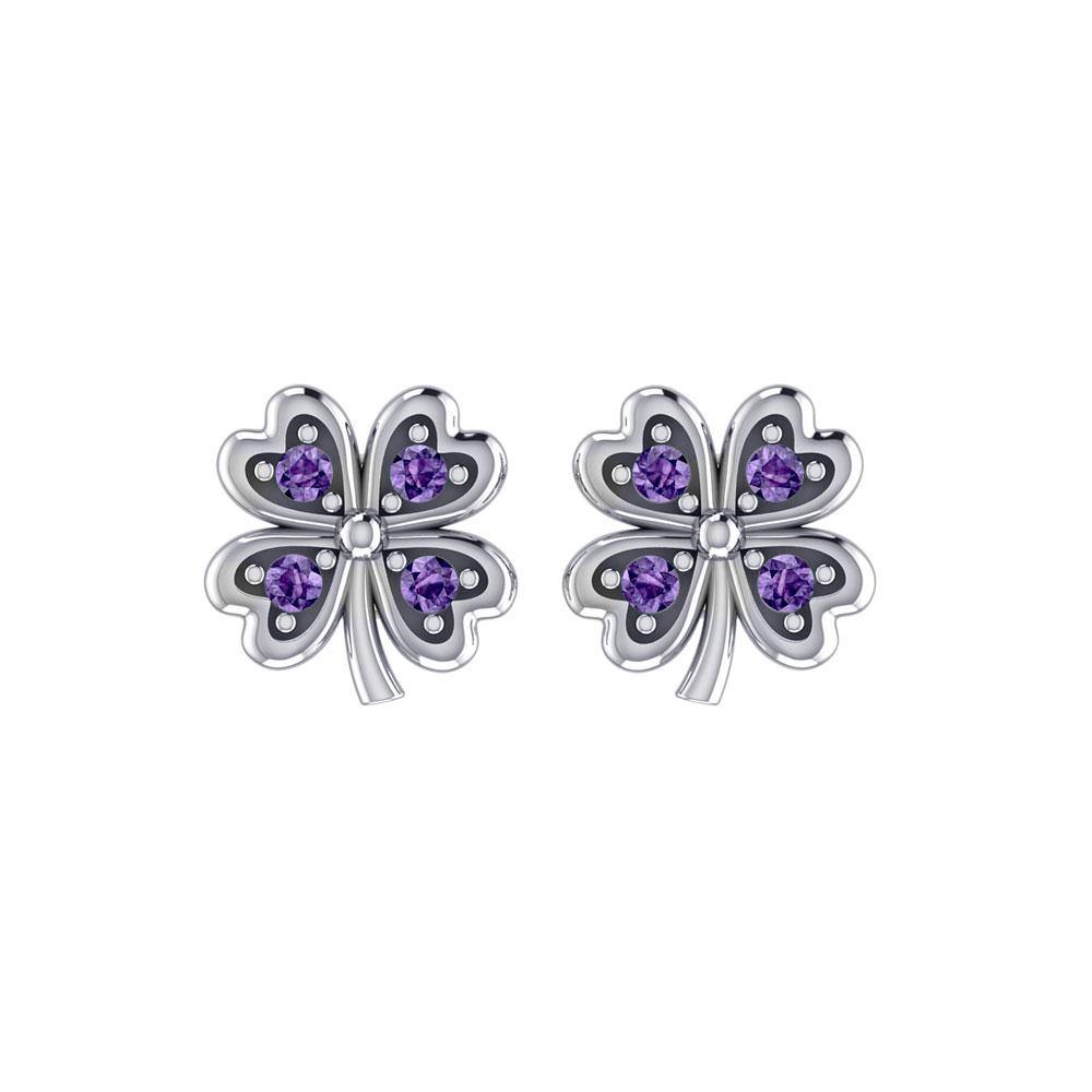 Lucky Four Leaf Clover Silver Post Earrings with Gemstone TER1844 - Jewelry