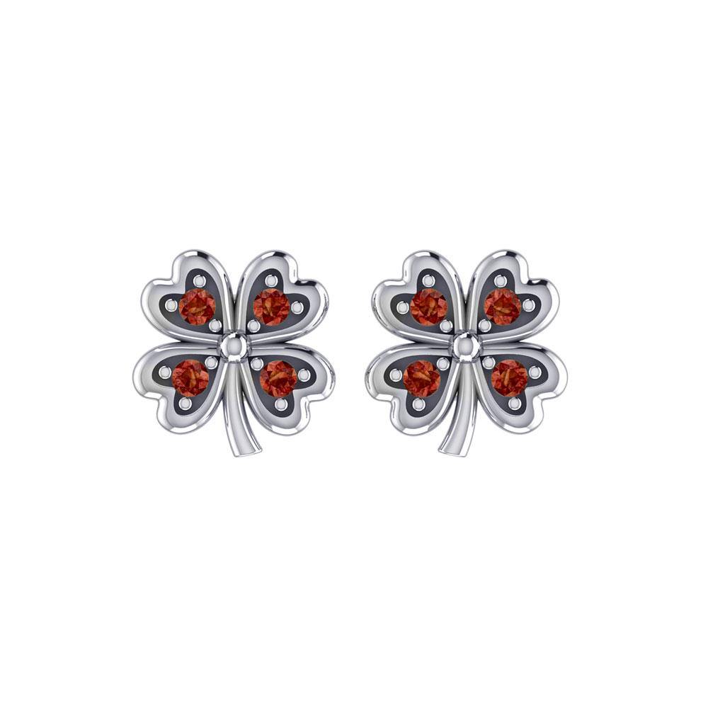Lucky Four Leaf Clover Silver Post Earrings with Gemstone TER1844 - Jewelry
