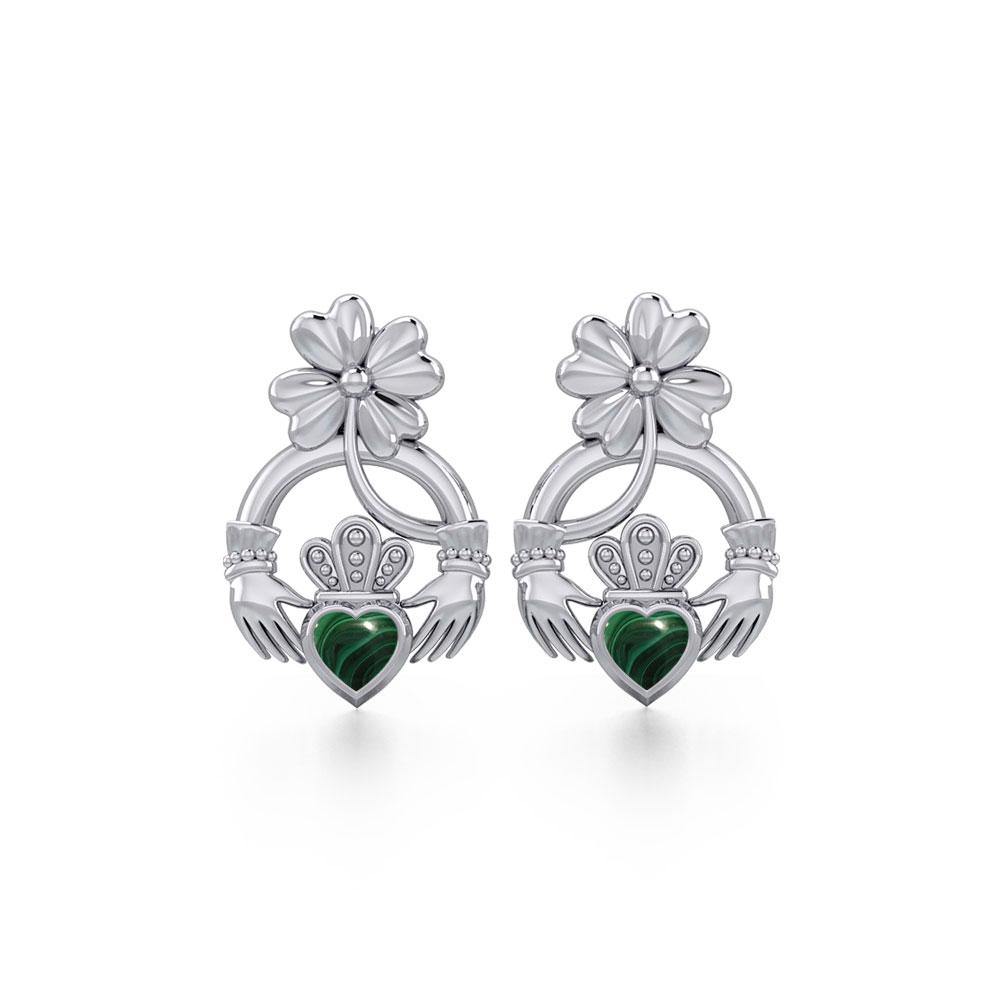 Lucky Four Leaf Clover on Claddagh Silver Post Earrings with stone TER1849 - Jewelry