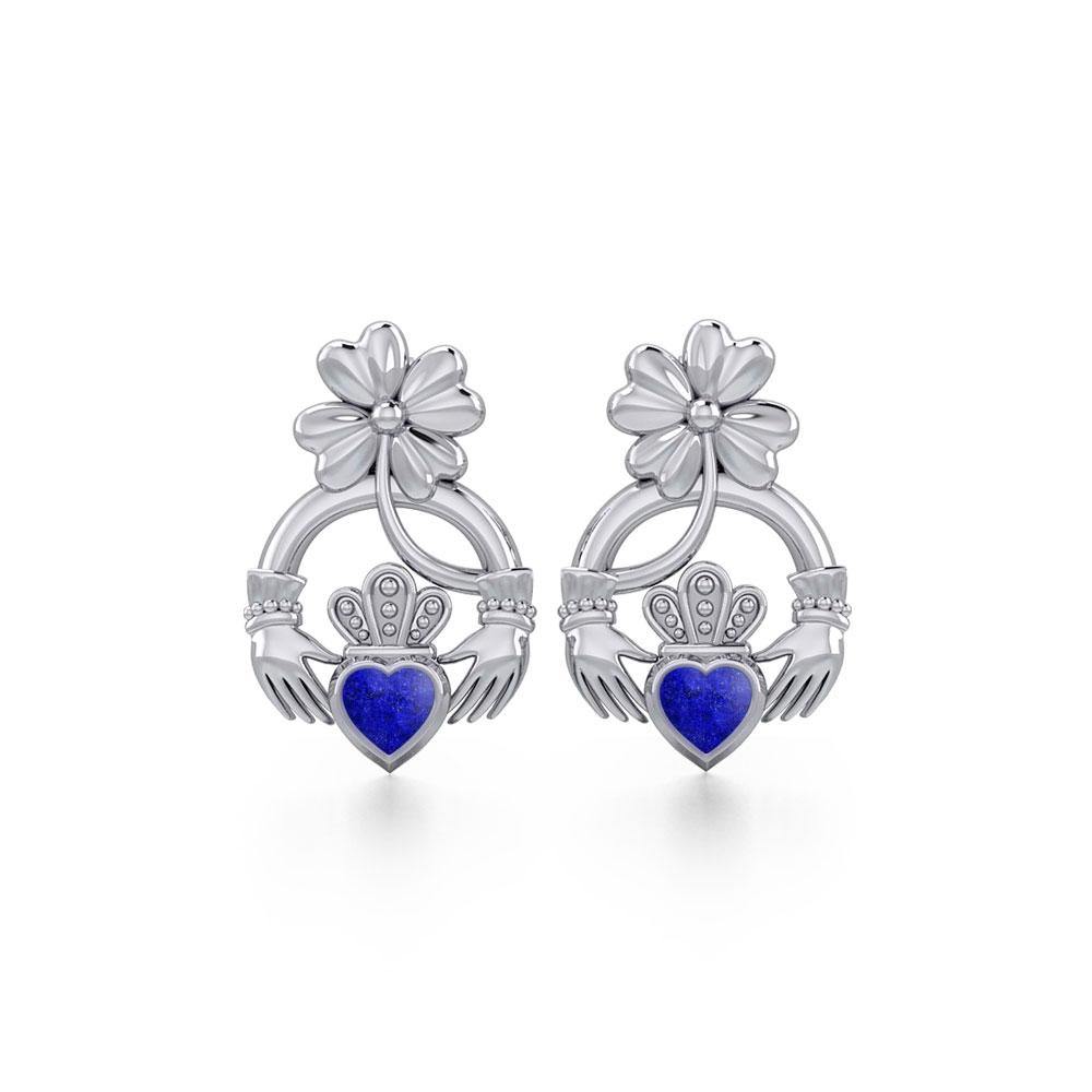 Lucky Four Leaf Clover on Claddagh Silver Post Earrings with stone TER1849 - Jewelry