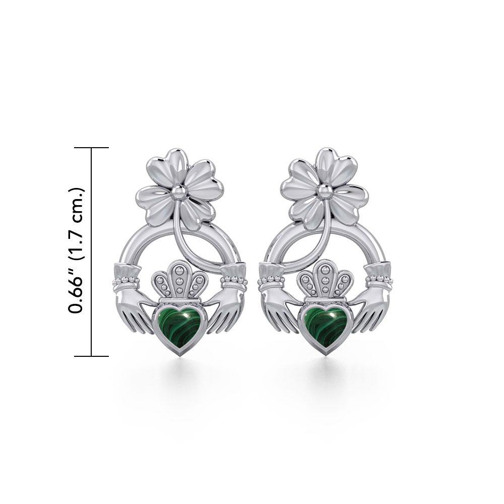 Lucky Four Leaf Clover on Claddagh Silver Post Earrings with stone TER1849 - Jewelry