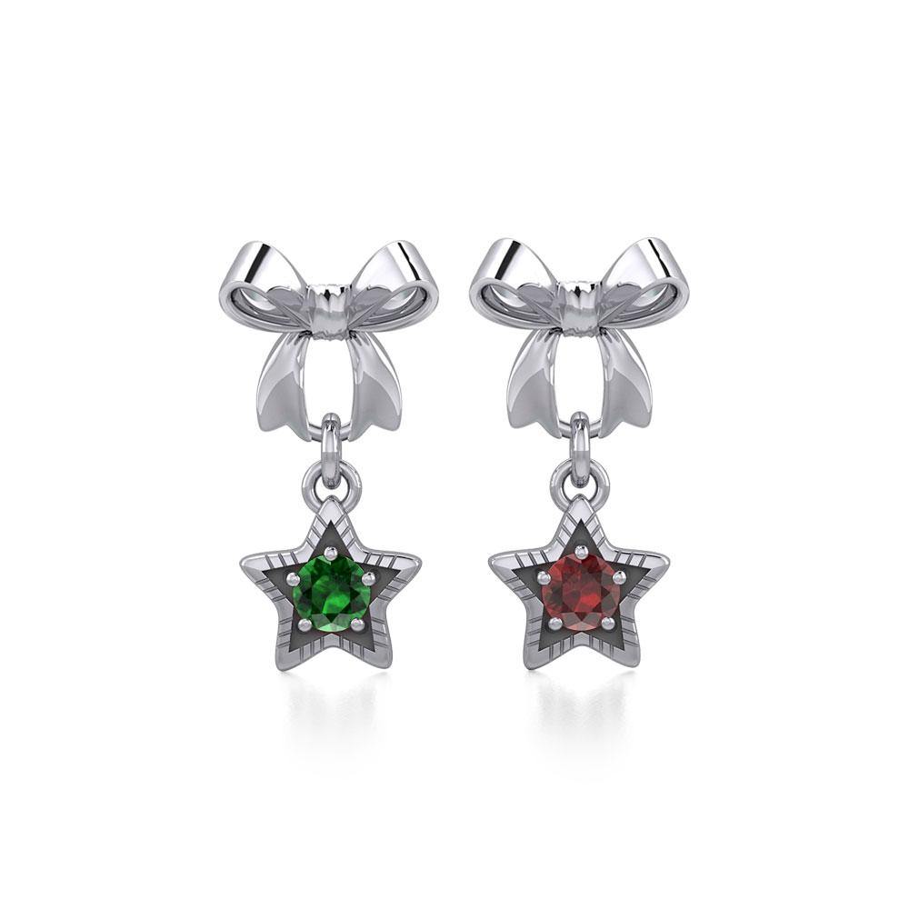 Ribbon with Dangling Gemstone Star Silver Post Earrings TER1854 - Jewelry