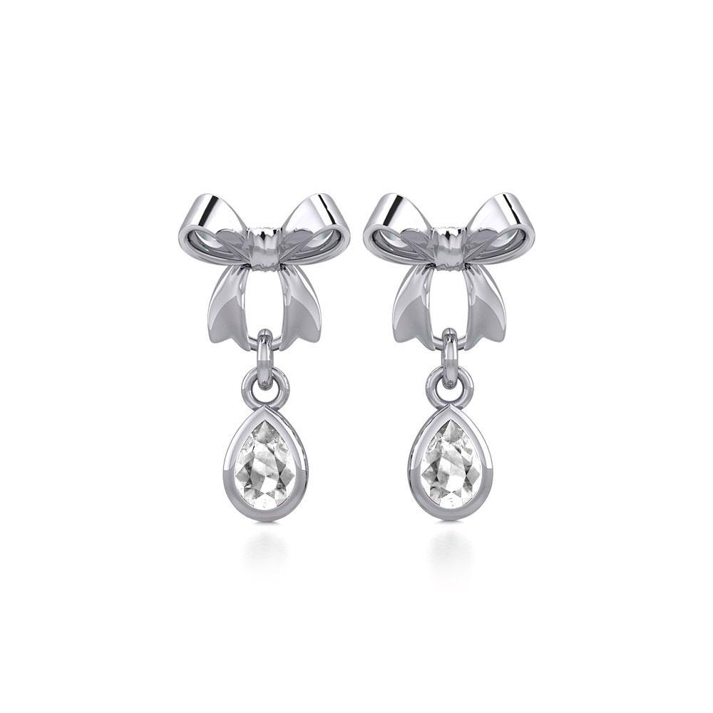 Ribbon with Dangling Teardrop Gemstone Silver Post Earrings TER1859 - Jewelry
