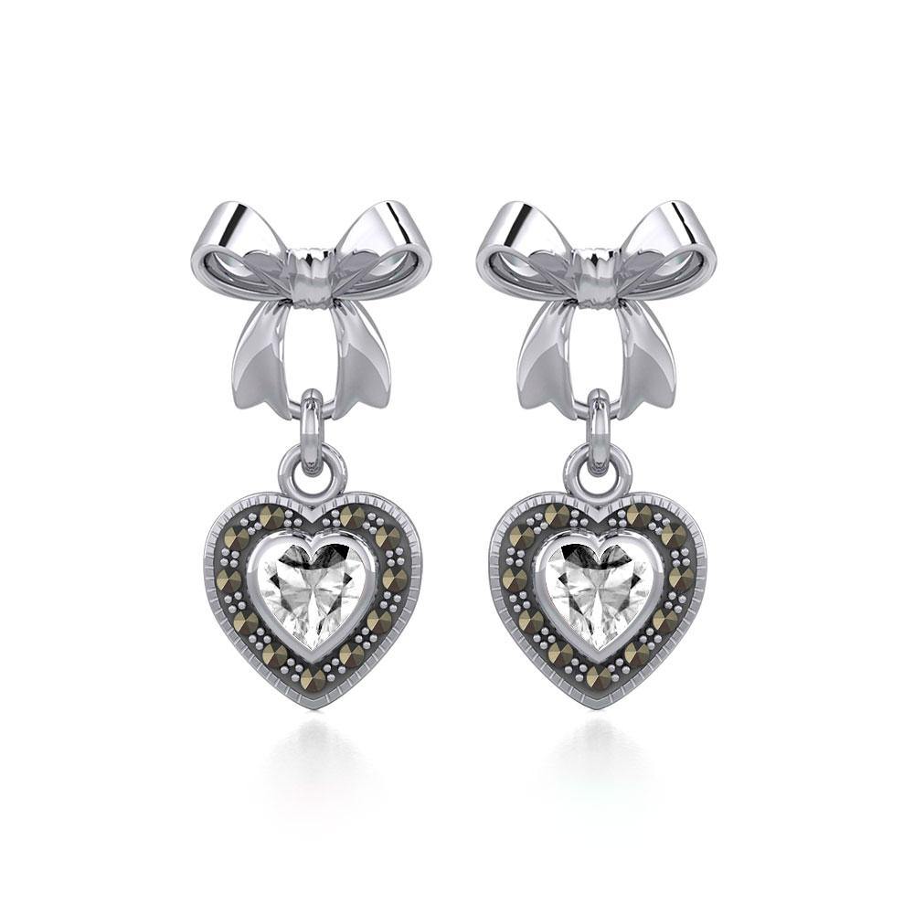 Ribbon with Dangling Marcasite Heart Gemstone Silver Post Earrings TER1860 - Jewelry
