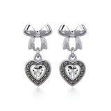 Ribbon with Dangling Marcasite Heart Gemstone Silver Post Earrings TER1860 - Jewelry