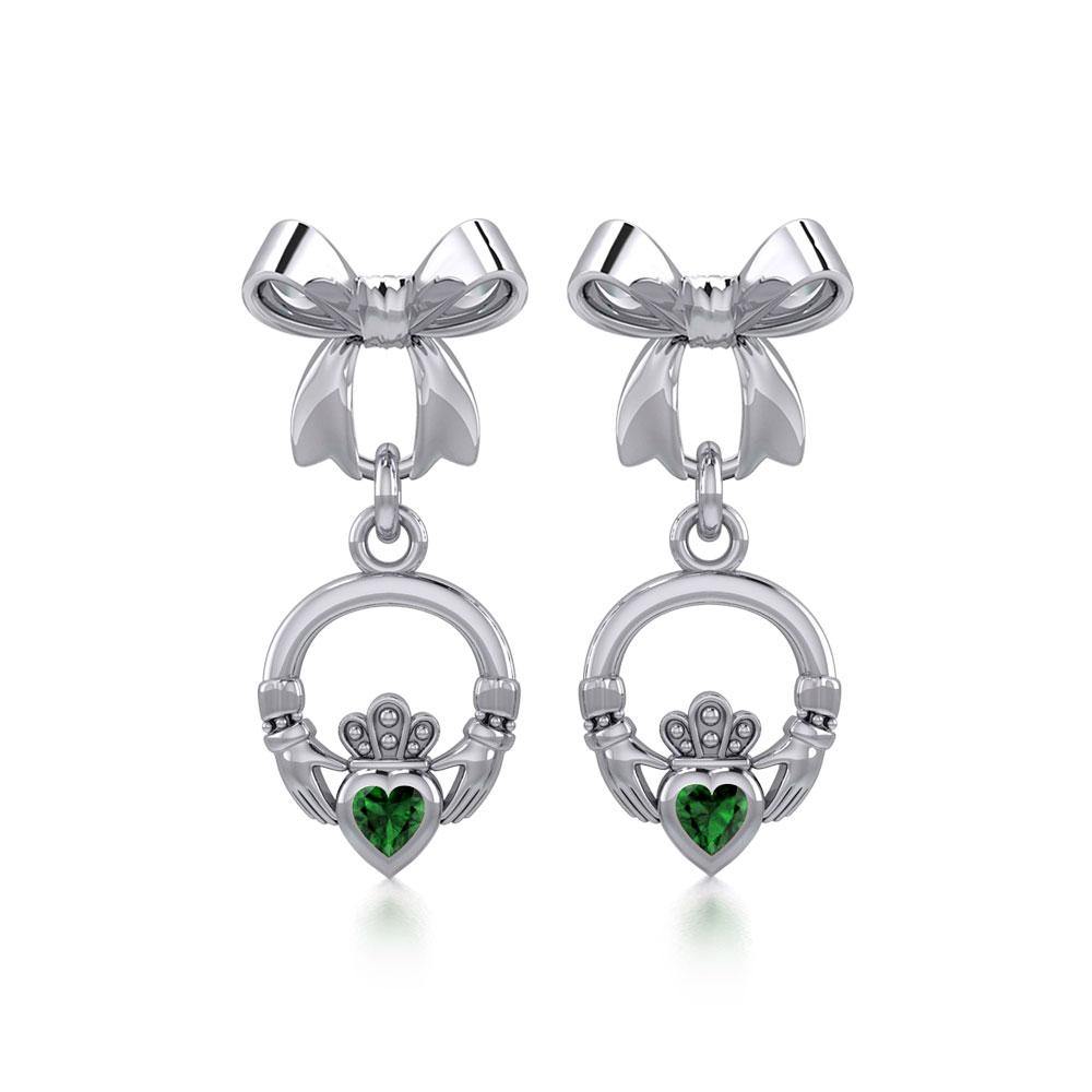 Ribbon with Dangling Gemstone Claddagh Silver Post Earrings TER1861 - Jewelry