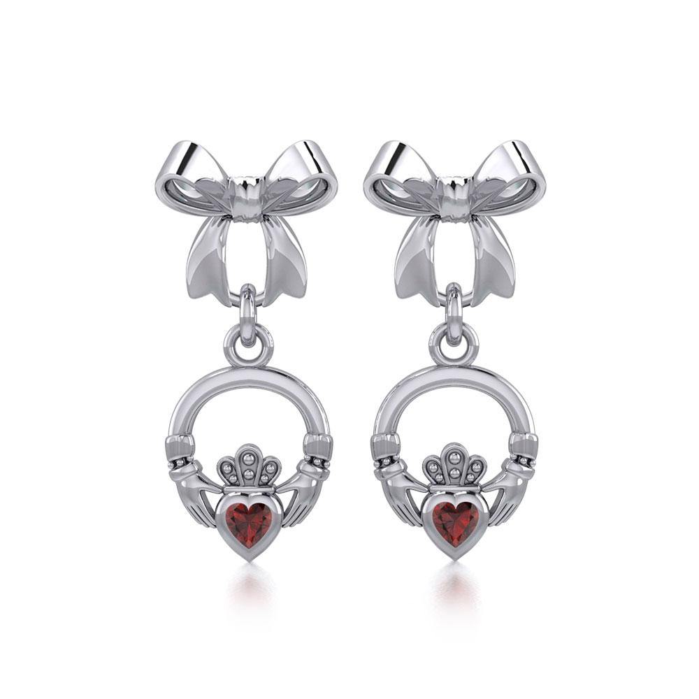 Ribbon with Dangling Gemstone Claddagh Silver Post Earrings TER1861 - Jewelry