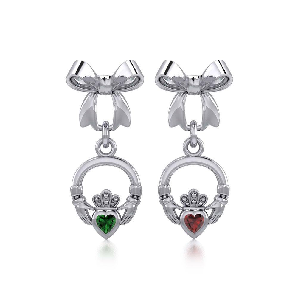 Ribbon with Dangling Gemstone Claddagh Silver Post Earrings TER1861 - Jewelry