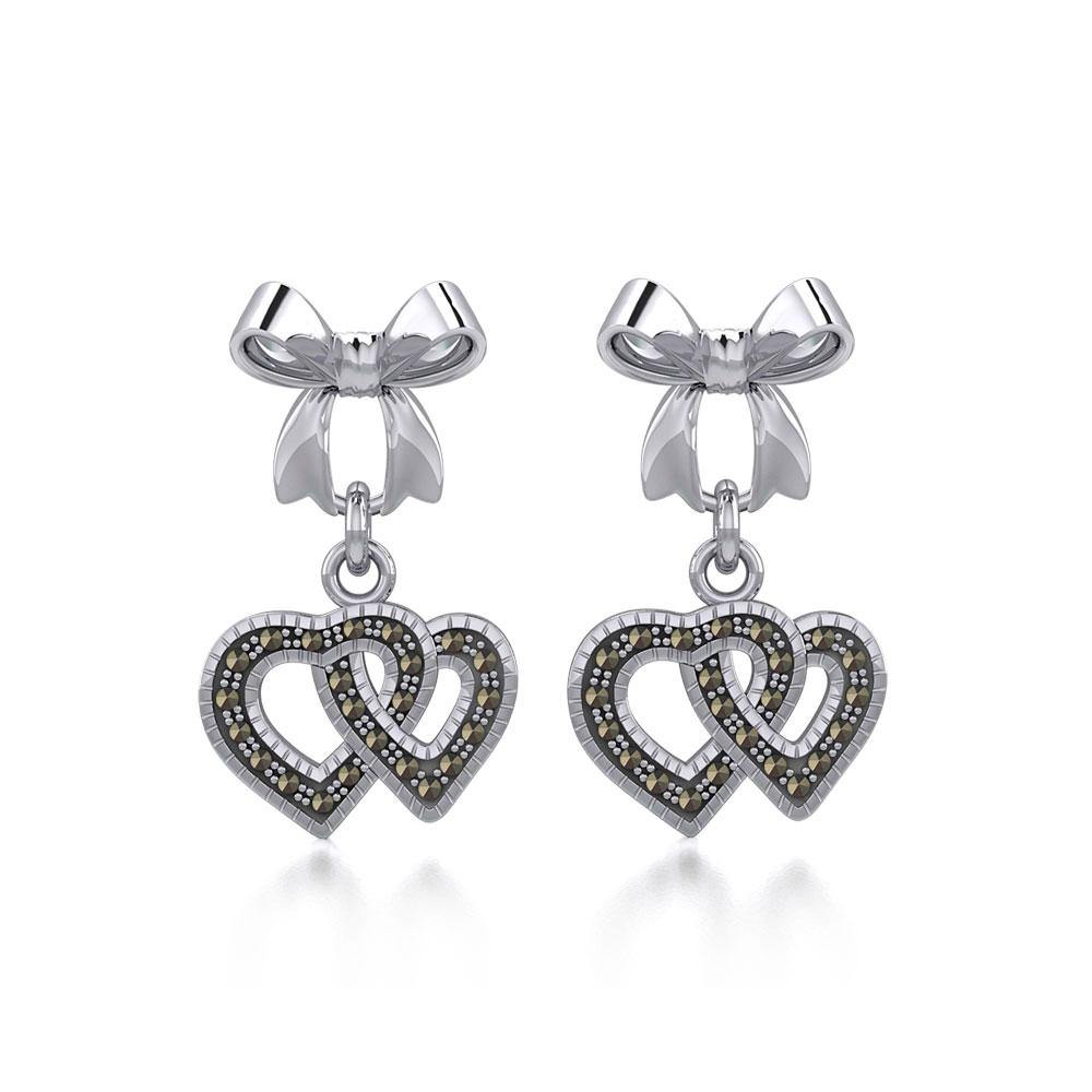 Ribbon with Dangling Marcasite Double Heart Silver Post Earrings TER1862 - Jewelry