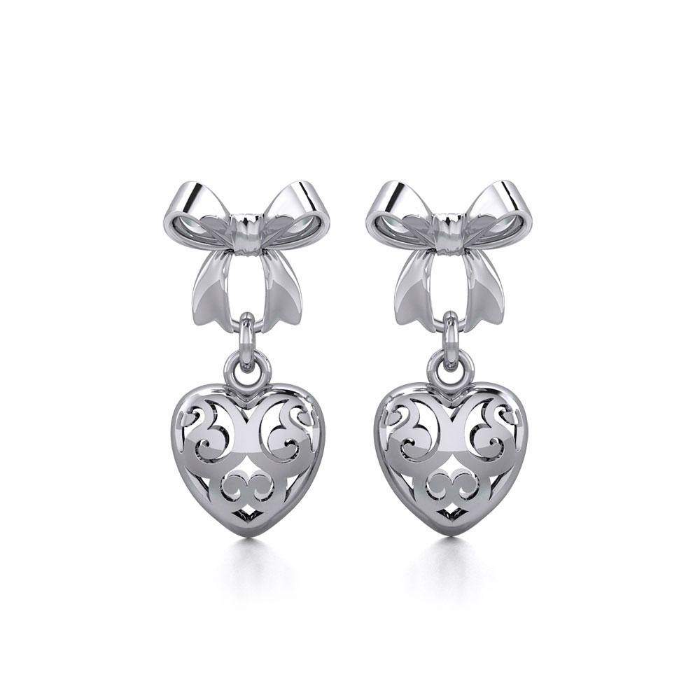 Ribbon with Dangling Filigree Heart Silver Post Earrings TER1863 - Jewelry