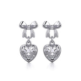 Ribbon with Dangling Filigree Heart Silver Post Earrings TER1863