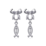 Ribbon with Dangling Christian Fish Silver Post Earrings TER1869