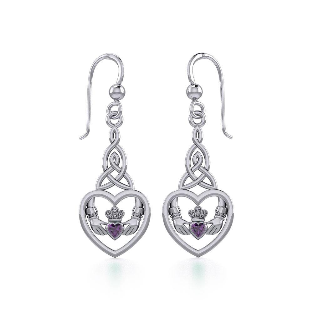 Heart Claddagh with Celtic Trinity Knot Silver Earrings with Gemstone TER1882 - Jewelry