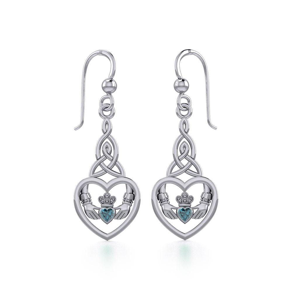 Heart Claddagh with Celtic Trinity Knot Silver Earrings with Gemstone TER1882 - Jewelry
