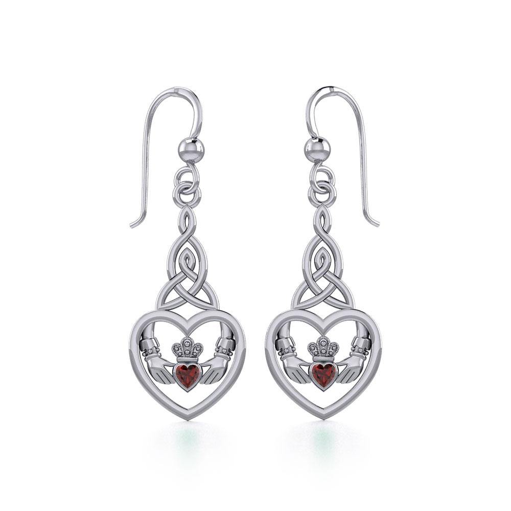 Heart Claddagh with Celtic Trinity Knot Silver Earrings with Gemstone TER1882 - Jewelry