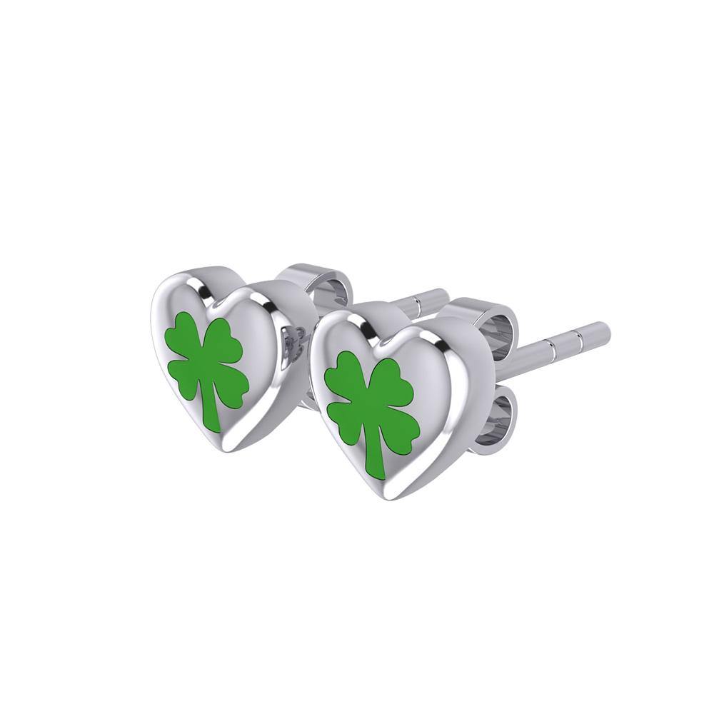 Lucky Heart Four Leaf Clover Silver Post Earrings with Enamel TER1888 - Jewelry