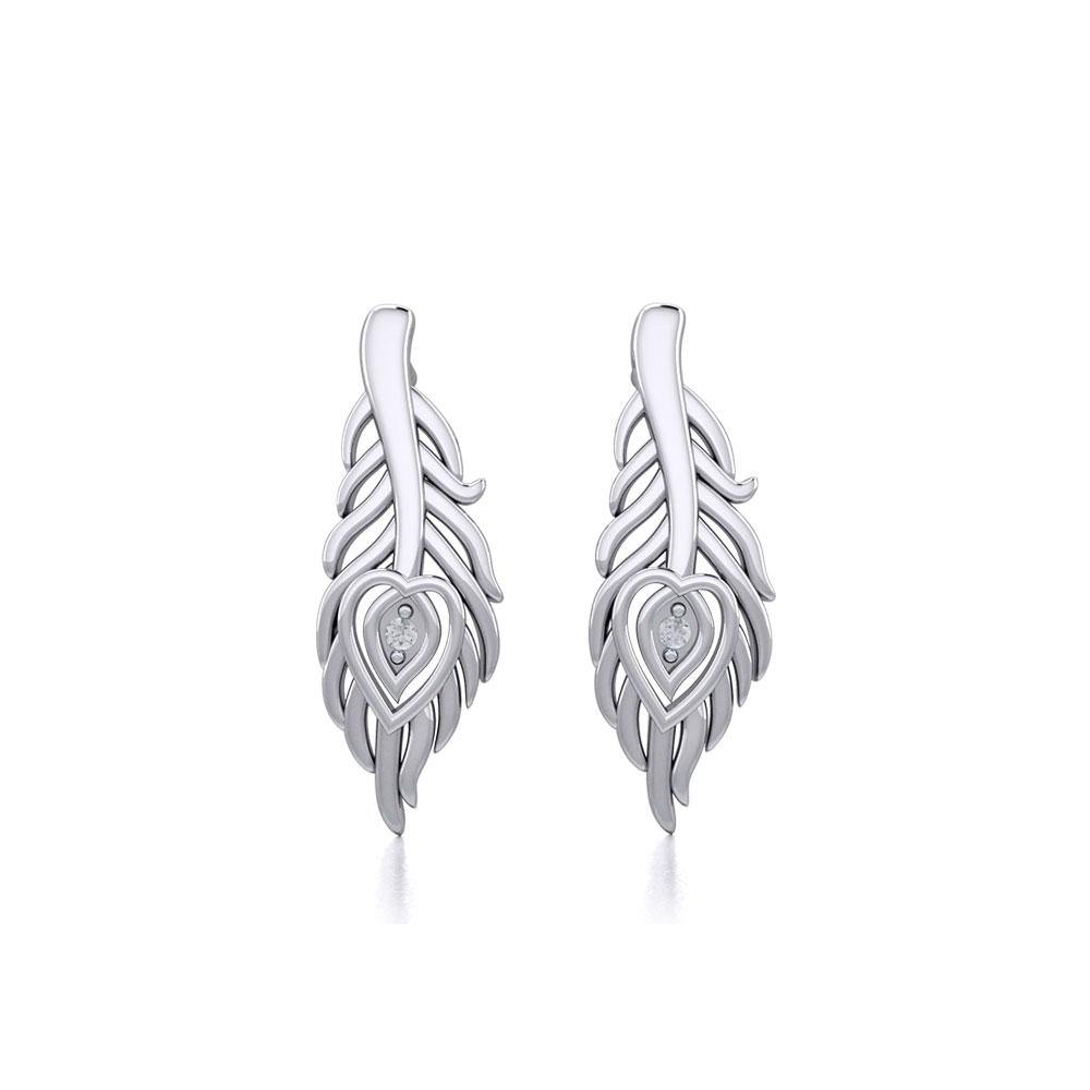 Peacock Tail Silver Post Earrings with Gemstone TER1916 - Jewelry