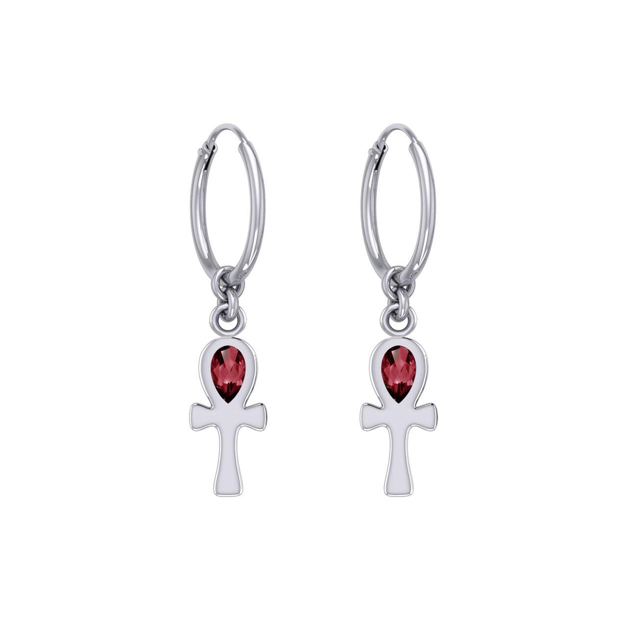 The cross of life ~ Sterling Silver Ankh Hoop Earrings with Gemstone TER2087 - Jewelry