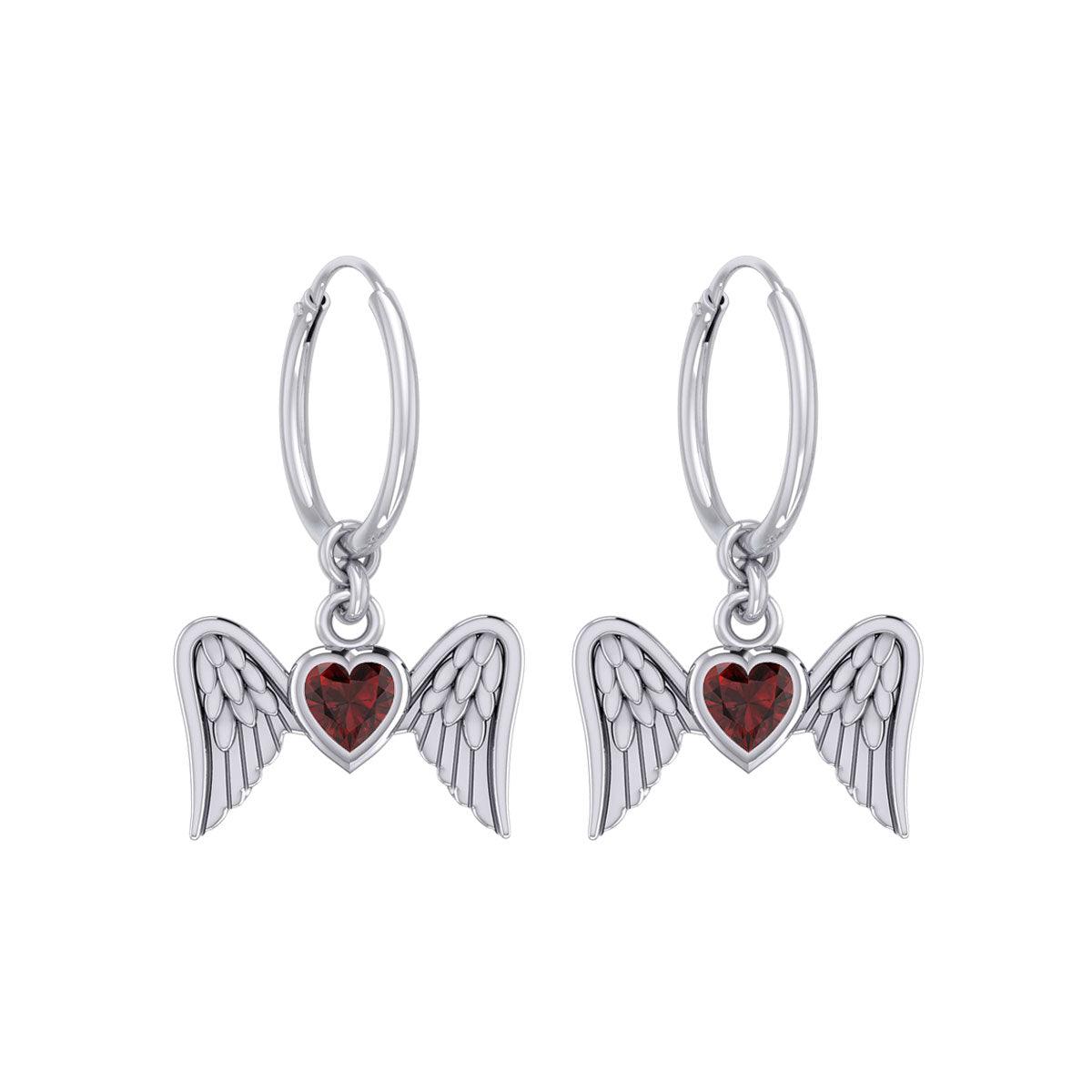 Gemstone Heart and Flying Angel Wings Silver Hoop Earrings TER2103 - Jewelry