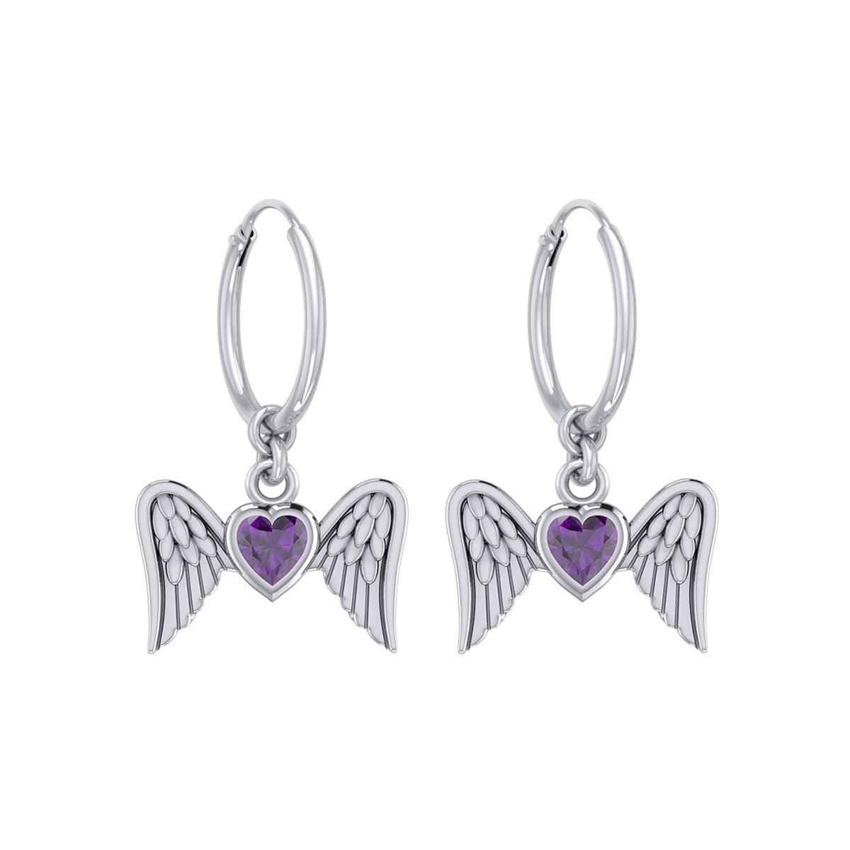 Gemstone Heart and Flying Angel Wings Silver Hoop Earrings TER2103 - Jewelry