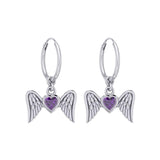 Gemstone Heart and Flying Angel Wings Silver Hoop Earrings TER2103 - Jewelry