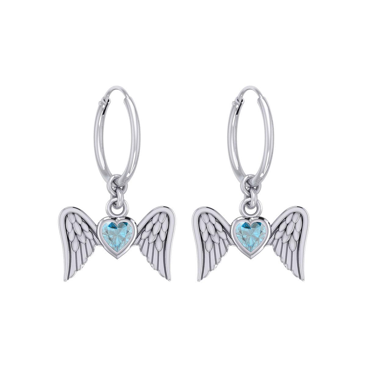 Gemstone Heart and Flying Angel Wings Silver Hoop Earrings TER2103 - Jewelry