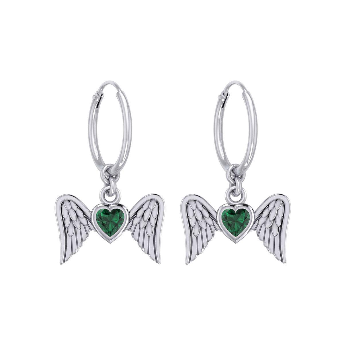 Gemstone Heart and Flying Angel Wings Silver Hoop Earrings TER2103 - Jewelry