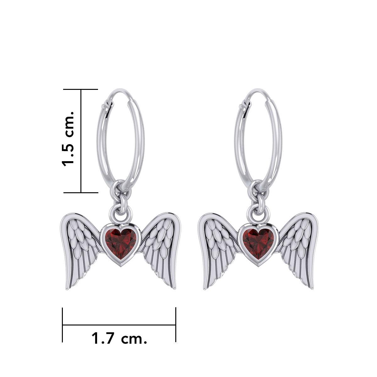 Gemstone Heart and Flying Angel Wings Silver Hoop Earrings TER2103 - Jewelry