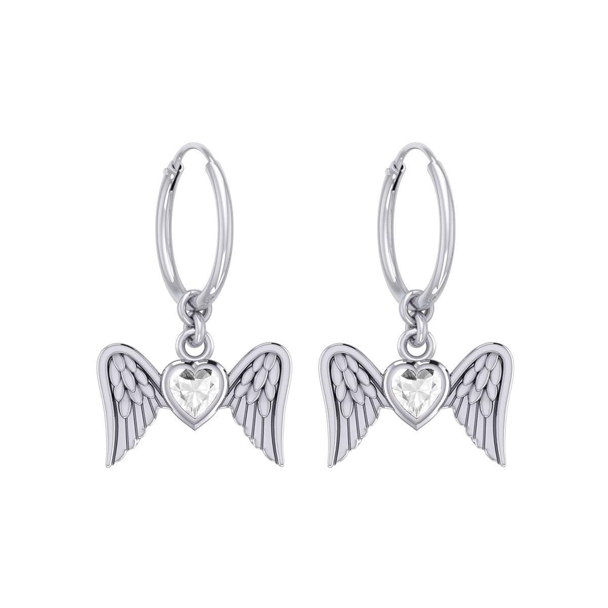 Gemstone Heart and Flying Angel Wings Silver Hoop Earrings TER2103 - Jewelry