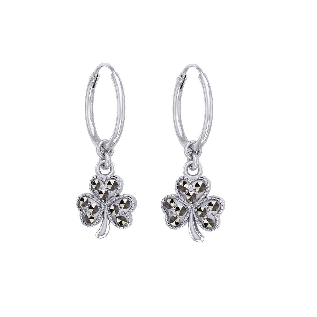 Celtic Shamrock Silver Hoop Earrings with Marcasite TER2108 - Jewelry