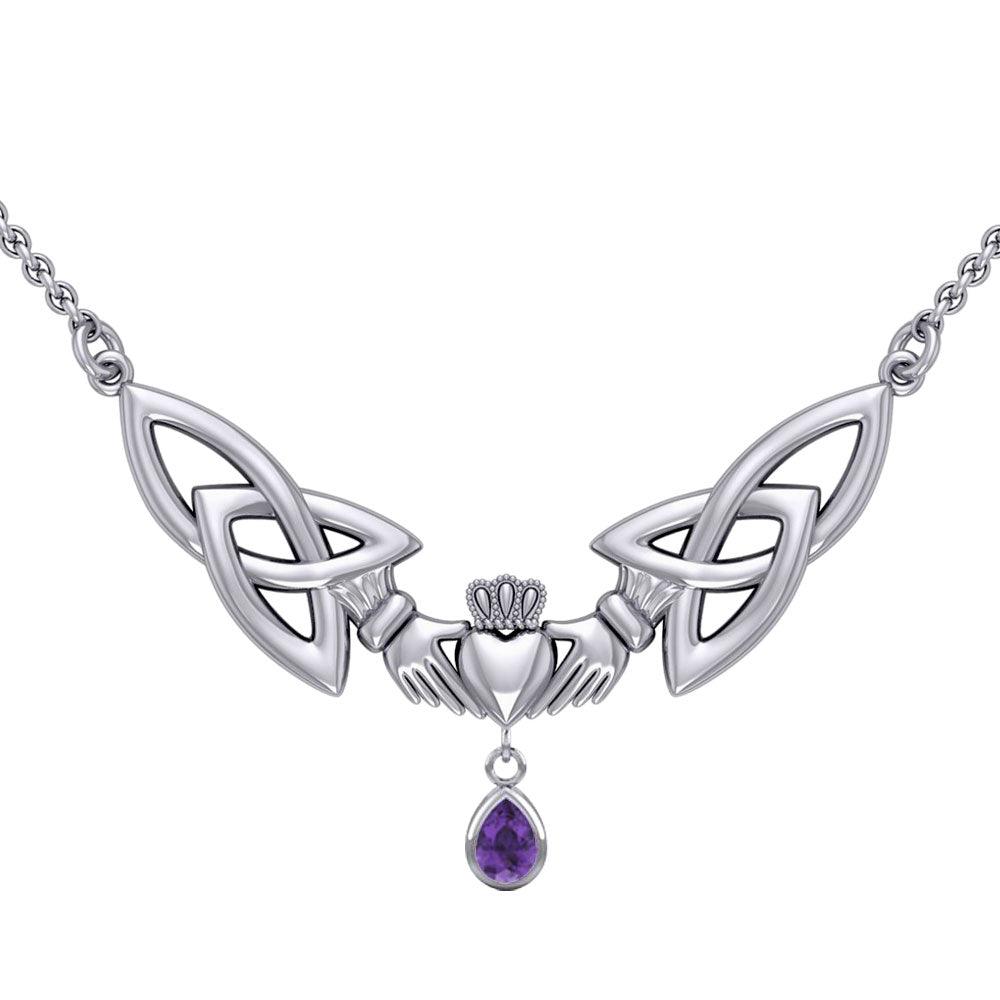 A love in full extent ~ Celtic Knotwork Claddagh Sterling Silver Necklace Jewelry with Gemstone TN260 - Jewelry