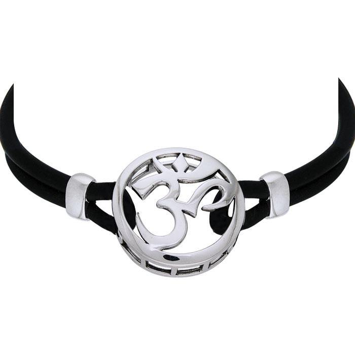 Silver Om with Leather Cord Necklace TNC257 - Jewelry