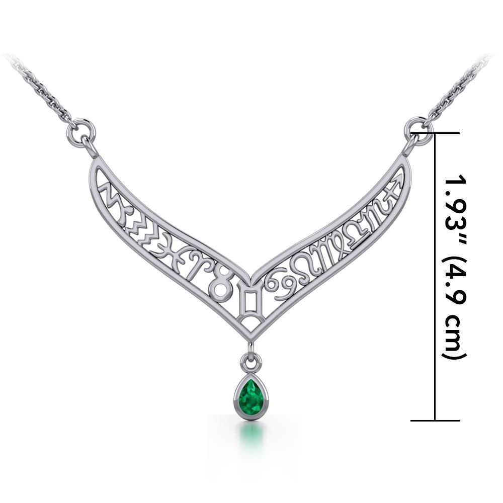 12 Zodiac Symbols Silver Necklace with Teardrop Birthstone of your choice - Jewelry