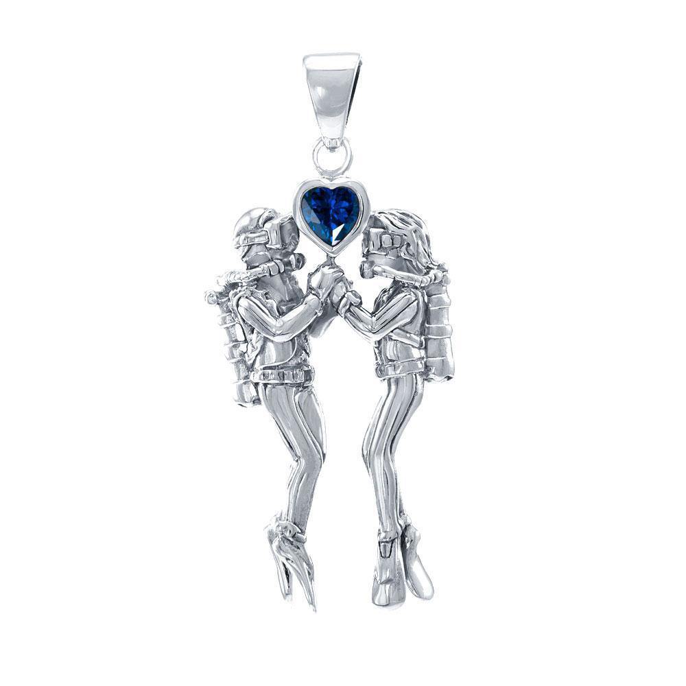 Gazing Dive Lovers Silver Pendant with Gemstone TP2685 - Jewelry