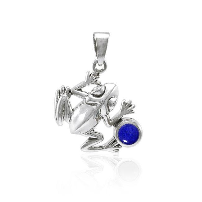 Jumping Frog with Stone Silver Pendant TPD3612 - Jewelry