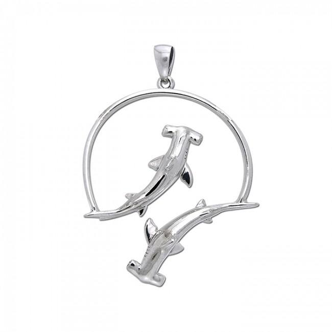Double Swimming Hammerhead Shark Silver Pendant TPD3940 - Jewelry