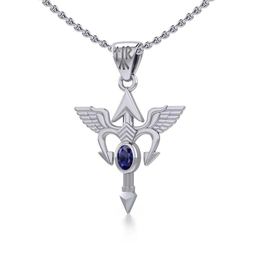Viking Rune Tyr God Silver Pendant with Gemstone TPD4392 - Jewelry