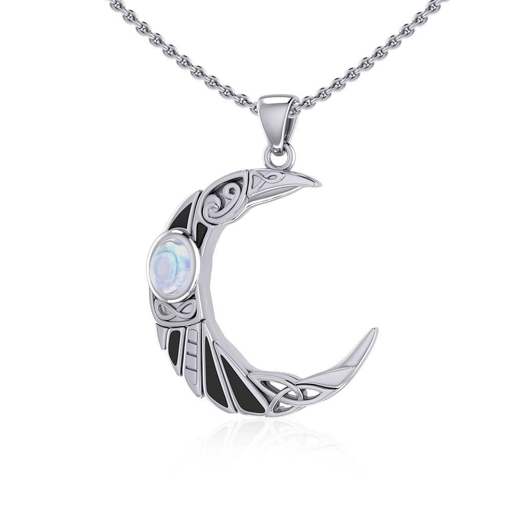 The Celtic Moon Raven Silver Pendant with Gemstone TPD5262 - Jewelry