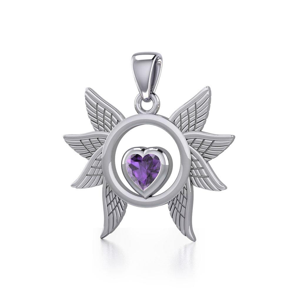 Spreading Angel Wings Silver Pendant with Gemstone TPD5289 - Jewelry