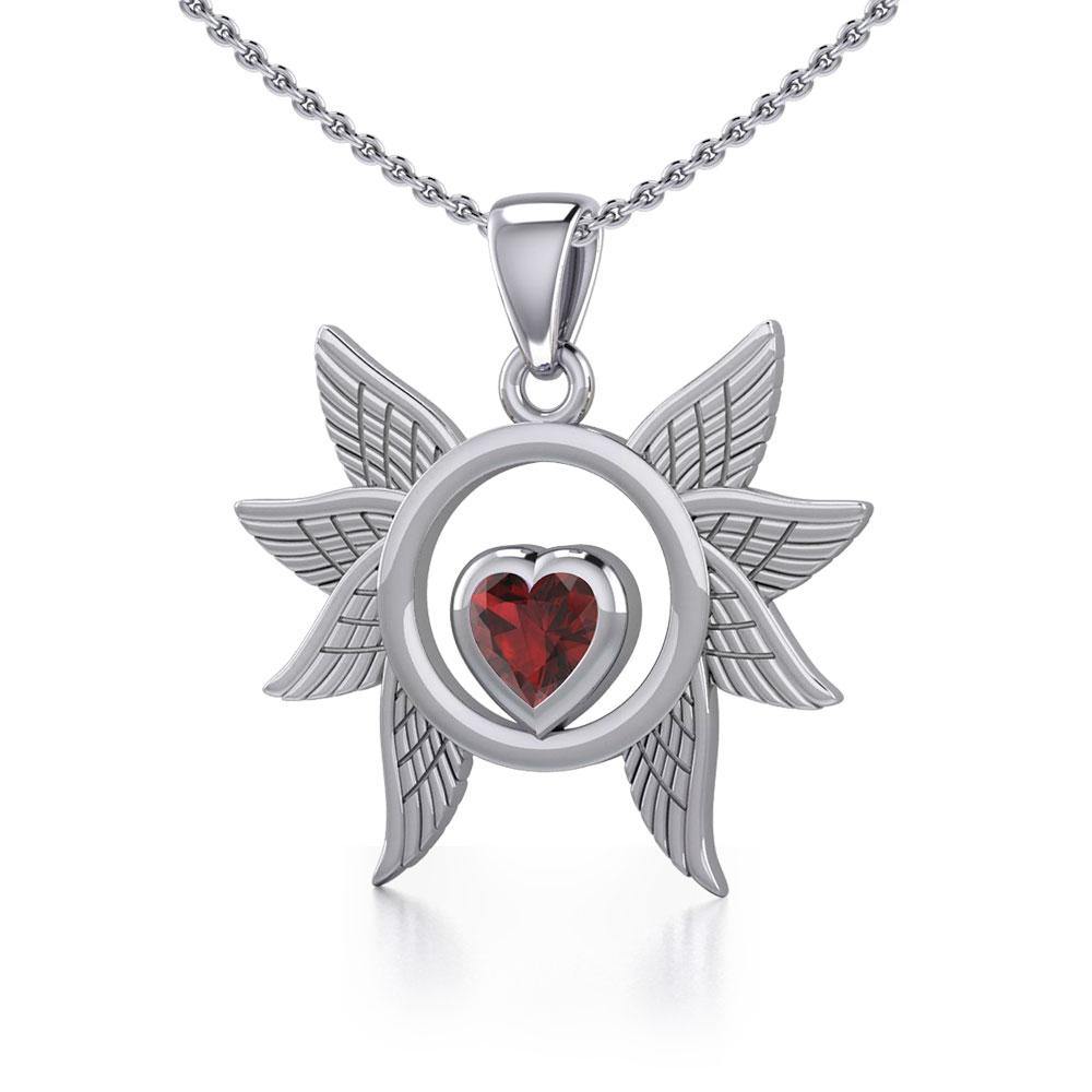 Spreading Angel Wings Silver Pendant with Gemstone TPD5289 - Jewelry
