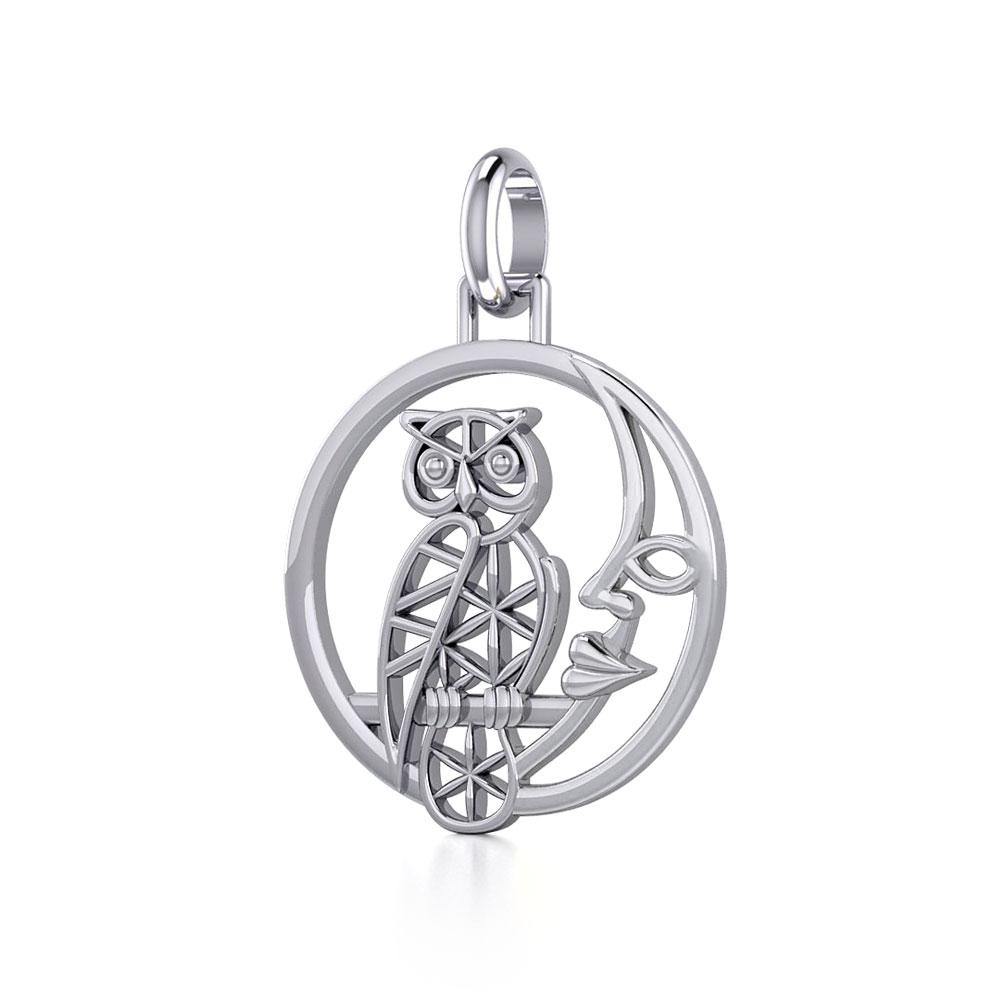 Silver Flower of Life Owl on The Moon Pendant TPD5300 - Jewelry