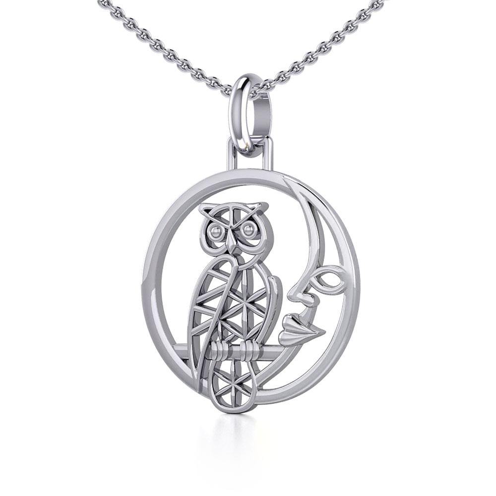 Silver Flower of Life Owl on The Moon Pendant TPD5300 - Jewelry