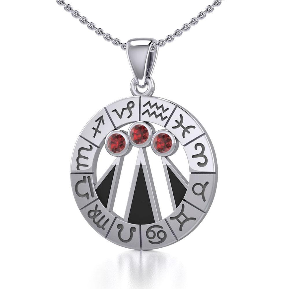 Zodiac Wheel with Awen The Three Rays of Light Silver Pendant TPD5308 - Jewelry