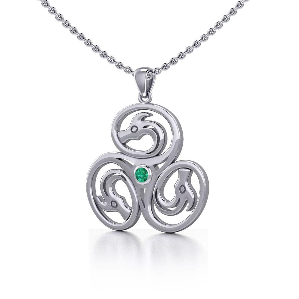 Celtic Triskele Dragon Silver Pendant with Gemstone TPD5326 - Jewelry