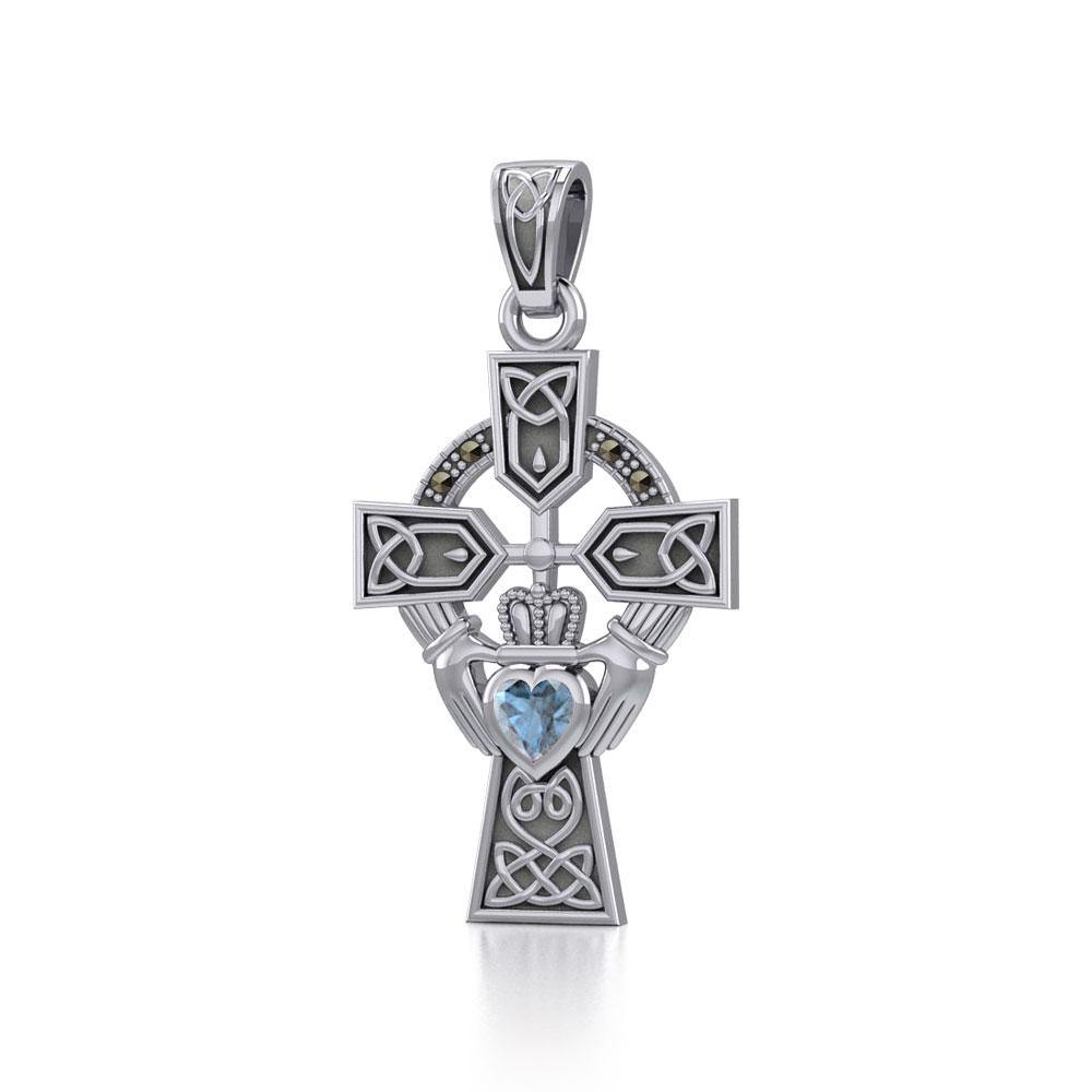 Celtic Cross and Irish Claddagh Silver Pendant with Heart Gemstone TPD5340 - Jewelry