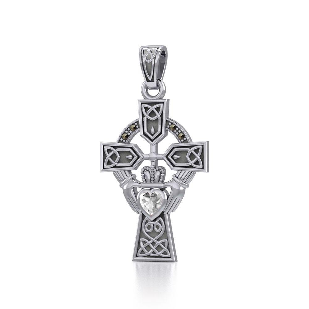 Celtic Cross and Irish Claddagh Silver Pendant with Heart Gemstone TPD5340 - Jewelry