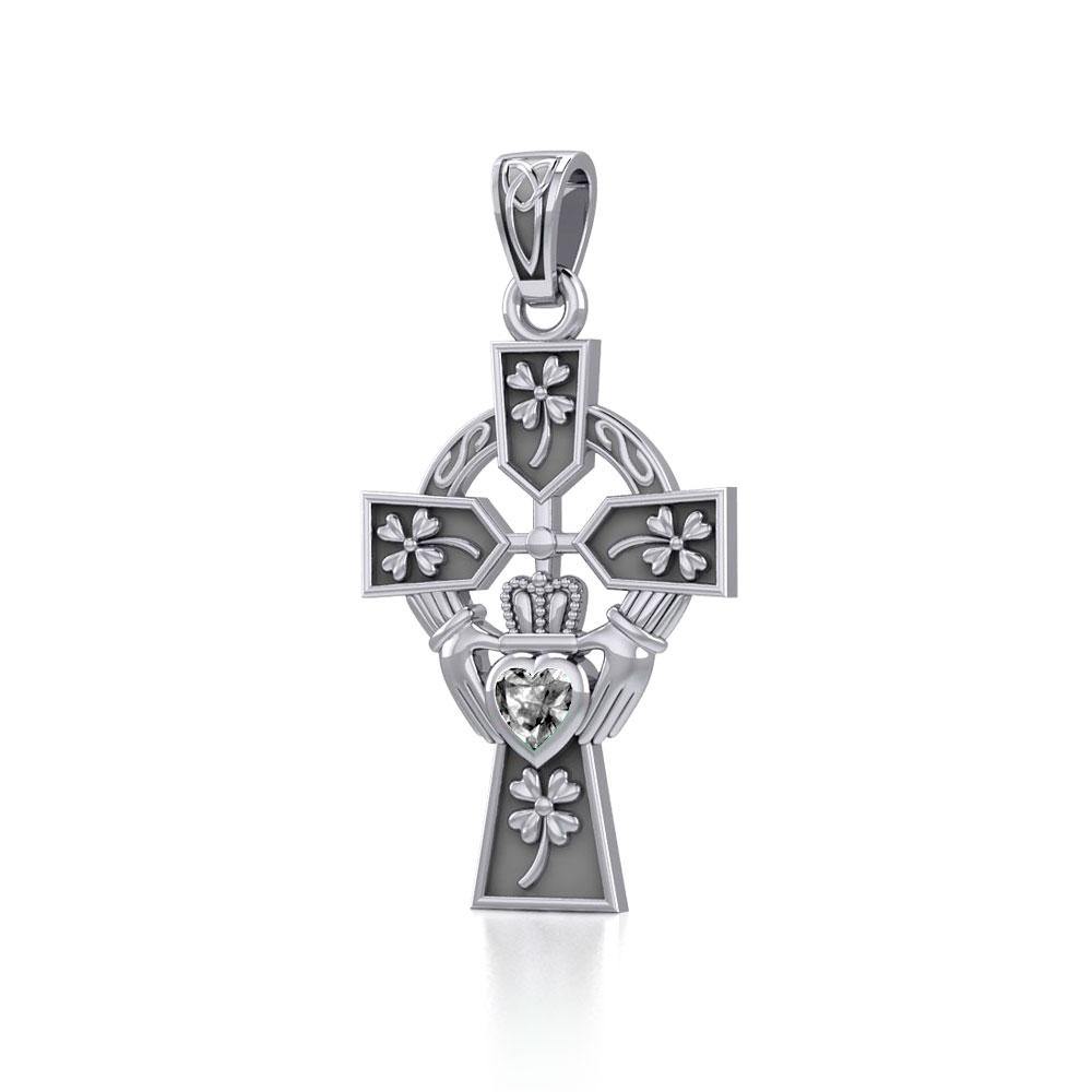 Claddagh Celtic Cross with Lucky Four Leaf Clover Silver Pendant TPD5359 - Jewelry